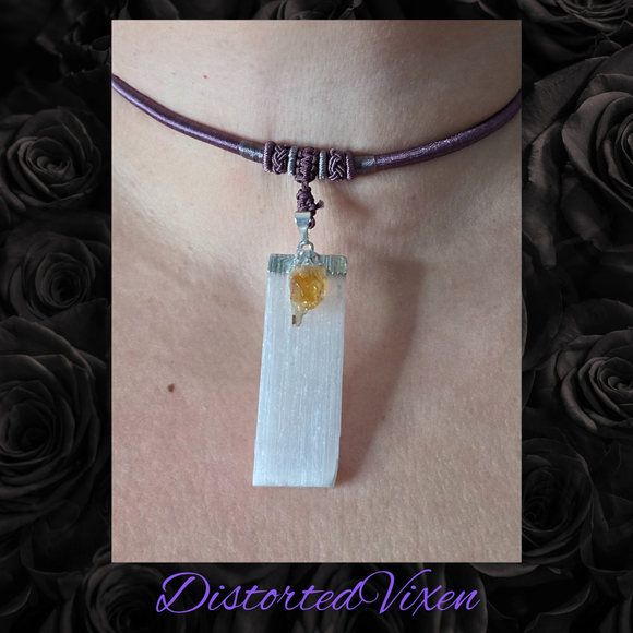 Citrine & Selenite Harmony Necklace | Mauve Cord | Cleansing + Confidence Energy - Picture 6 of 7